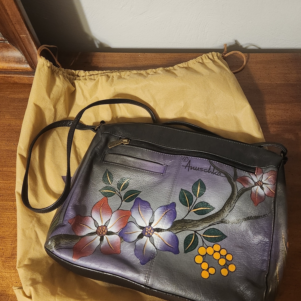 Anuschka Hand-Painted Floral Black Leather Bag 12x10